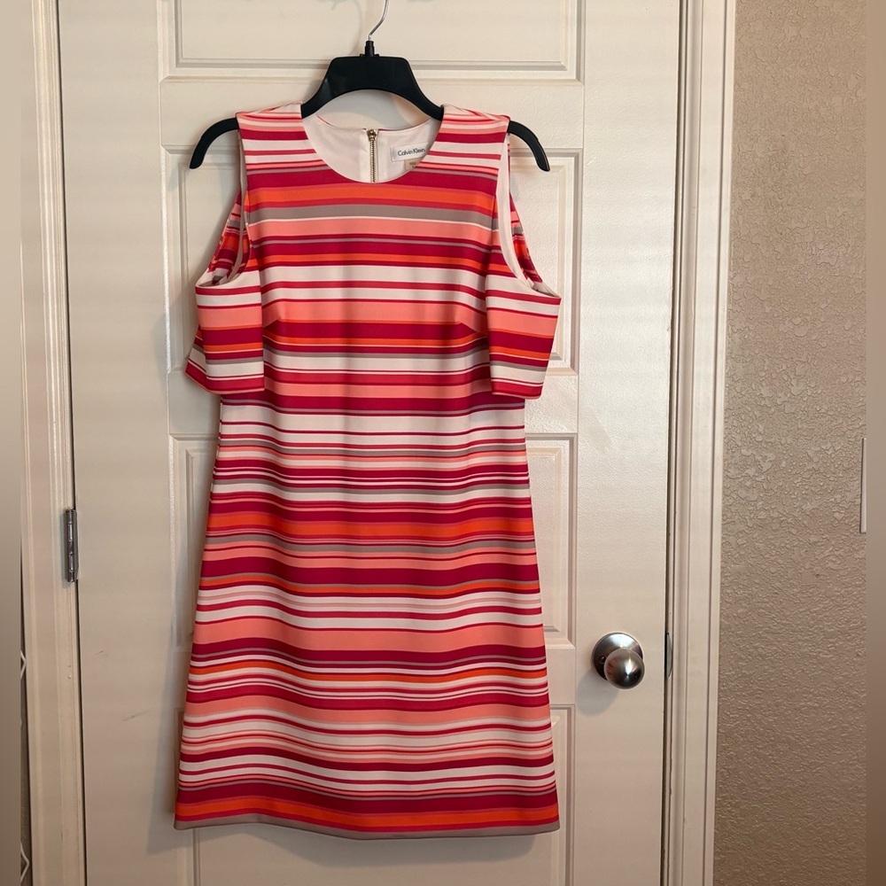 Calvin Klein Women's Striped Mini Dress With Open Shoulders - Red and Pink